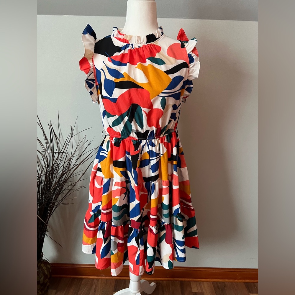 JODIFL Multicolor Abstract Mini Dress ruffled sleeve size 2